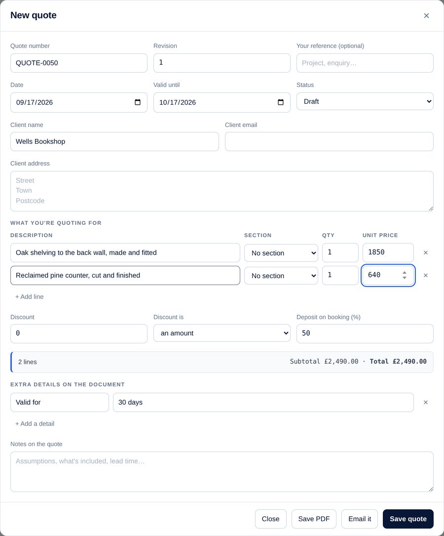 Writing a quote: lines, quantities and prices with a running total